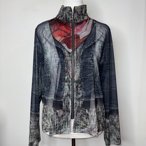 Damee Jackets & Blazers - Damee Blue Polyester Mesh Trompe L’oeil Zip-Up Jacket Women’s M Art to Wear
